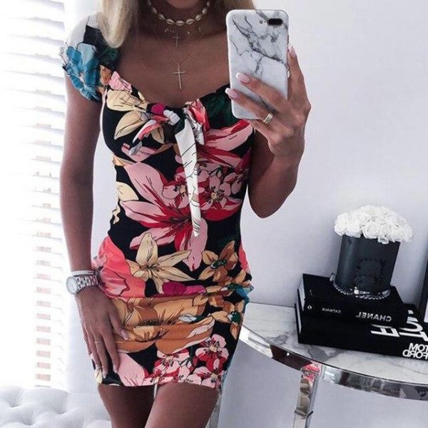 Women Bodycon Dress Fashion Sexy Square Collar Floral Printed Short Sleeve Women Dress Sexy Dress Club Wear - Takalr