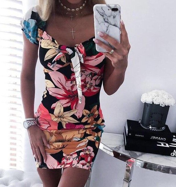 Women Bodycon Dress Fashion Sexy Square Collar Floral Printed Short Sleeve Women Dress Sexy Dress Club Wear - Takalr