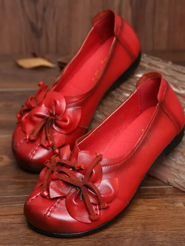 Women Genuine Leather Shoes Casual Loafers Flower Flat Heel Shoes