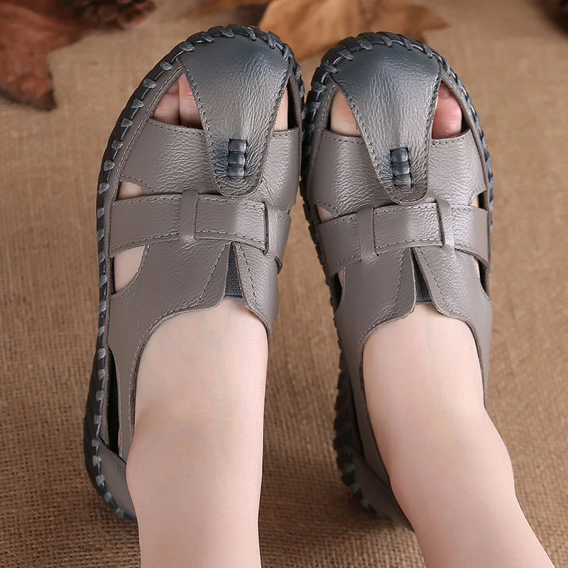 Women Retro Manual Suture Hollow Sandal Loafers - Image 5