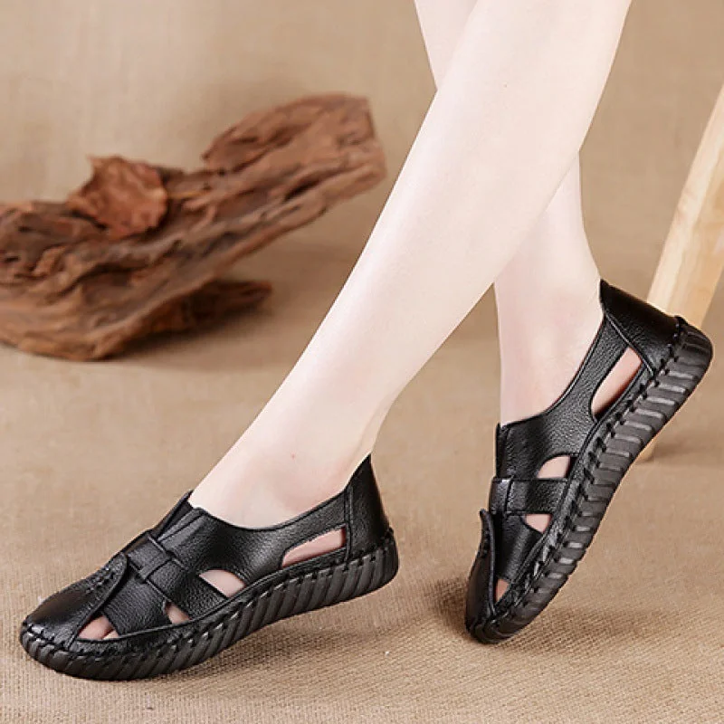 Women Retro Manual Suture Hollow Sandal Loafers - Image 10