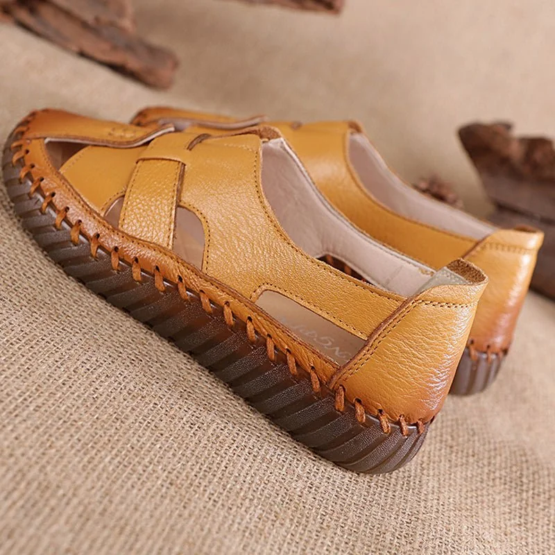 Women Retro Manual Suture Hollow Sandal Loafers - Image 4