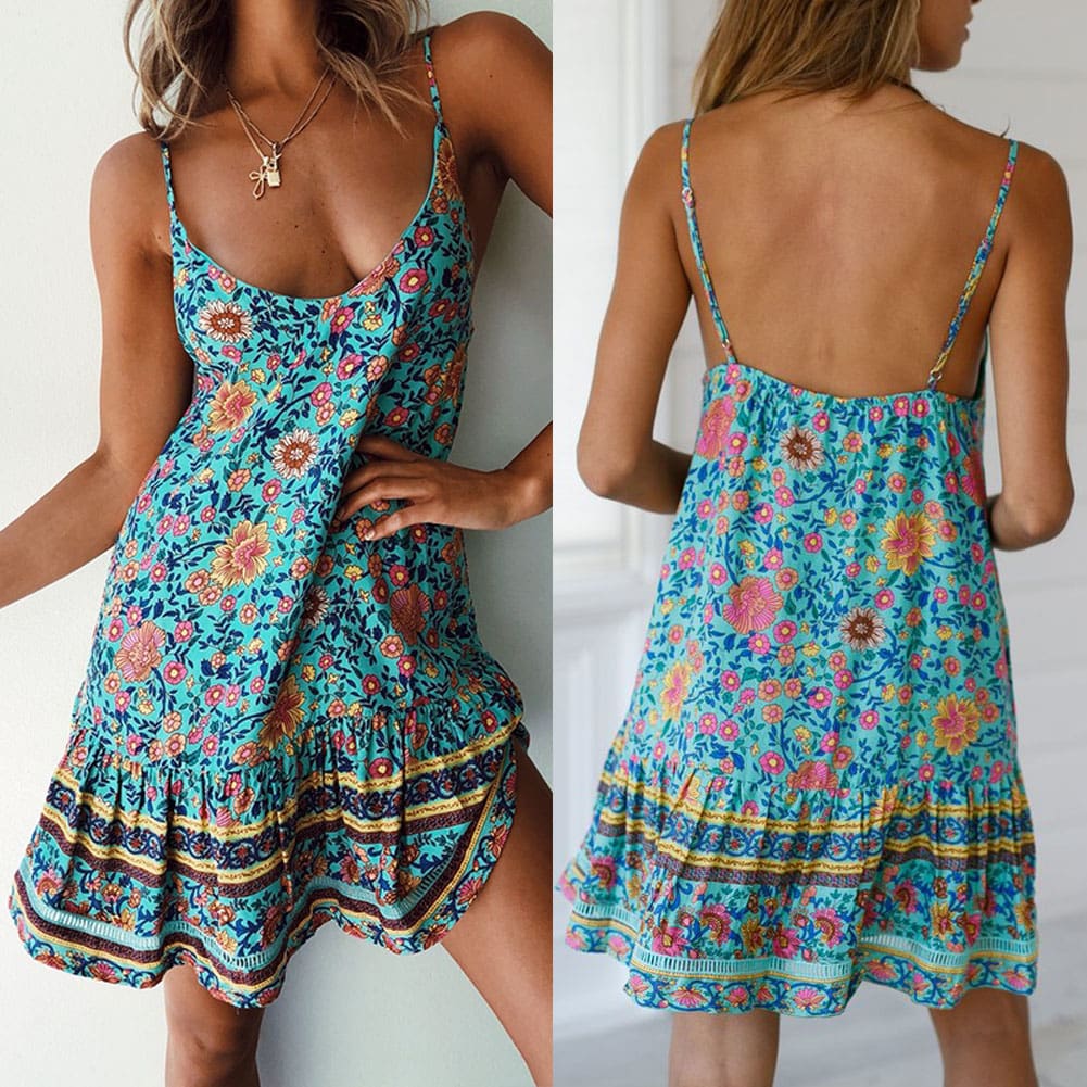 Women Boho Floral Dress Sleeveless Beach Dress Sundress Summer Deep V Neck Backless Loose Dresses