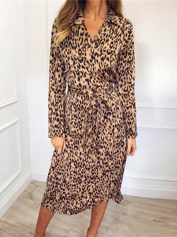 2XL Plus size single breasted wrap shirt dress Women long sleeve leopard print summer dress tie waist sundress vestidos - Takalr