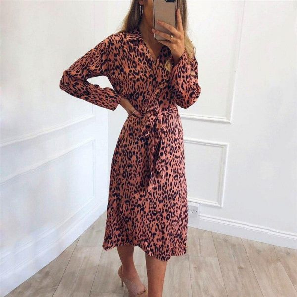 2XL Plus size single breasted wrap shirt dress Women long sleeve leopard print summer dress tie waist sundress vestidos - Takalr