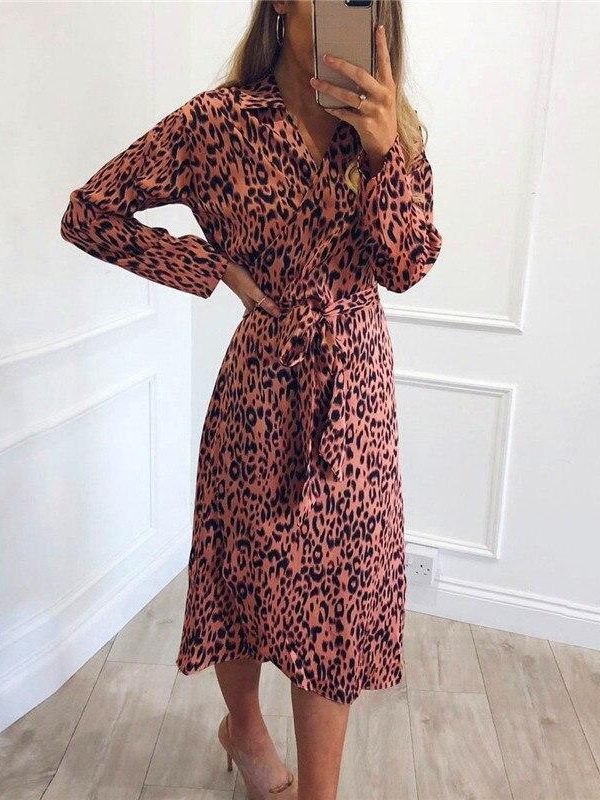 2XL Plus size single breasted wrap shirt dress Women long sleeve leopard print summer dress tie waist sundress vestidos - Takalr