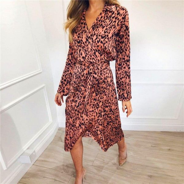 2XL Plus size single breasted wrap shirt dress Women long sleeve leopard print summer dress tie waist sundress vestidos - Takalr