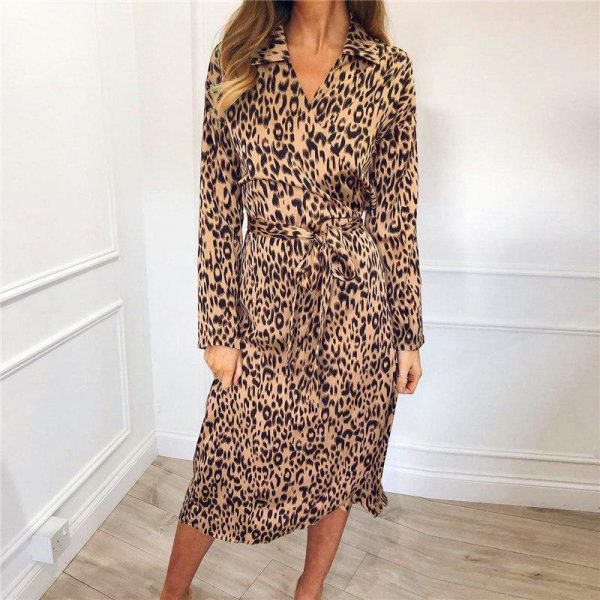 2XL Plus size single breasted wrap shirt dress Women long sleeve leopard print summer dress tie waist sundress vestidos - Takalr