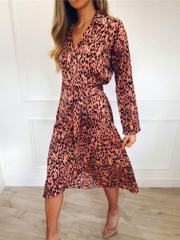 2XL Plus size single breasted wrap shirt dress Women long sleeve leopard print summer dress tie waist sundress vestidos - Takalr