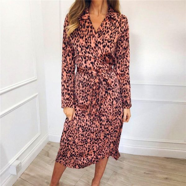 2XL Plus size single breasted wrap shirt dress Women long sleeve leopard print summer dress tie waist sundress vestidos - Takalr