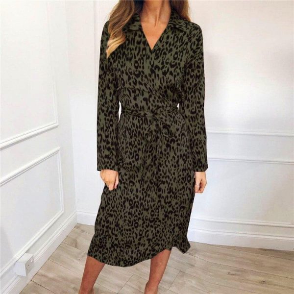 2XL Plus size single breasted wrap shirt dress Women long sleeve leopard print summer dress tie waist sundress vestidos - Takalr