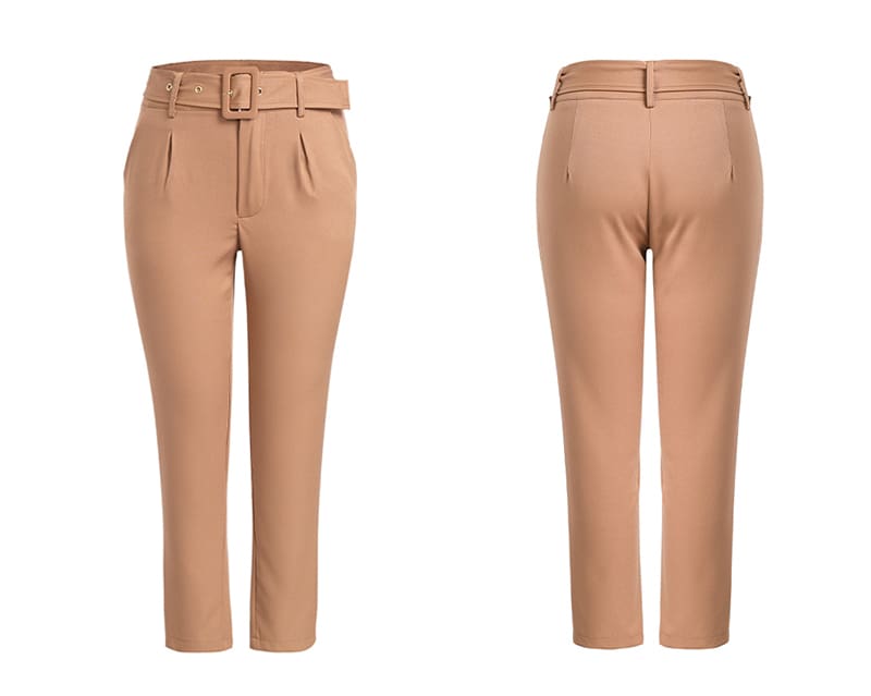 Buckle belt trousers women pants loose work high waist suit pants