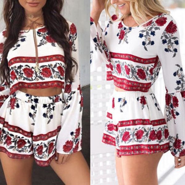 The Best 2PCS New Women Floral Bodycon Long Sleeve Crop Top + Shorts Set Summer Holiday Mini Playsuits Boho Floral Beachwear Online - Takalr