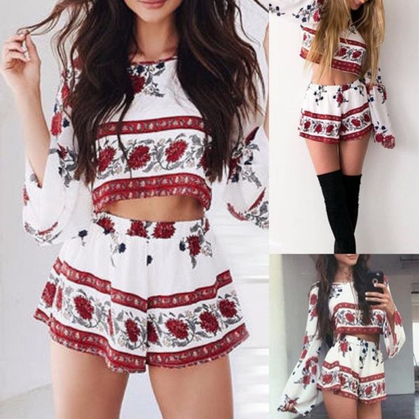 The Best 2PCS New Women Floral Bodycon Long Sleeve Crop Top + Shorts Set Summer Holiday Mini Playsuits Boho Floral Beachwear Online - Takalr