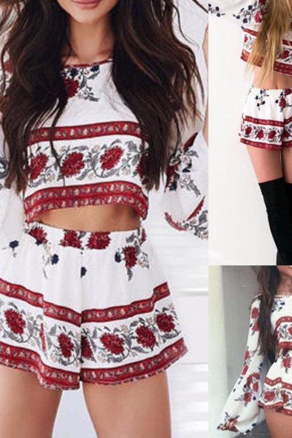 The Best 2PCS New Women Floral Bodycon Long Sleeve Crop Top + Shorts Set Summer Holiday Mini Playsuits Boho Floral Beachwear Online - Takalr