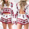 The Best 2PCS New Women Floral Bodycon Long Sleeve Crop Top + Shorts Set Summer Holiday Mini Playsuits Boho Floral Beachwear Online - Takalr