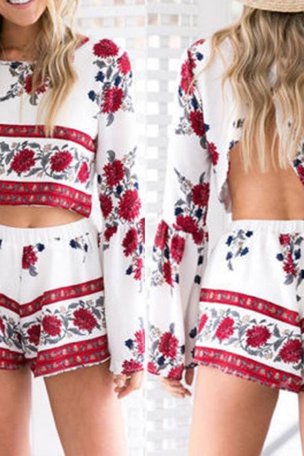 The Best 2PCS New Women Floral Bodycon Long Sleeve Crop Top + Shorts Set Summer Holiday Mini Playsuits Boho Floral Beachwear Online - Takalr