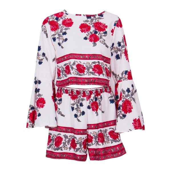 The Best 2PCS New Women Floral Bodycon Long Sleeve Crop Top + Shorts Set Summer Holiday Mini Playsuits Boho Floral Beachwear Online - Takalr