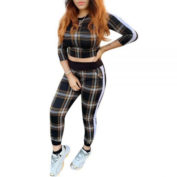 The Best 2pcs set Women Casual Tracksuit Jogging Gym Sports Hoodies Sweatshirt Plaid Cropped Tops+Pants Trousers Suit Online - Takalr