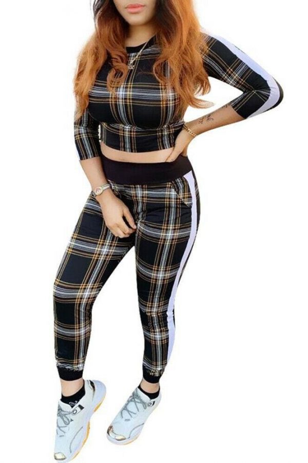 The Best 2pcs set Women Casual Tracksuit Jogging Gym Sports Hoodies Sweatshirt Plaid Cropped Tops+Pants Trousers Suit Online - Takalr