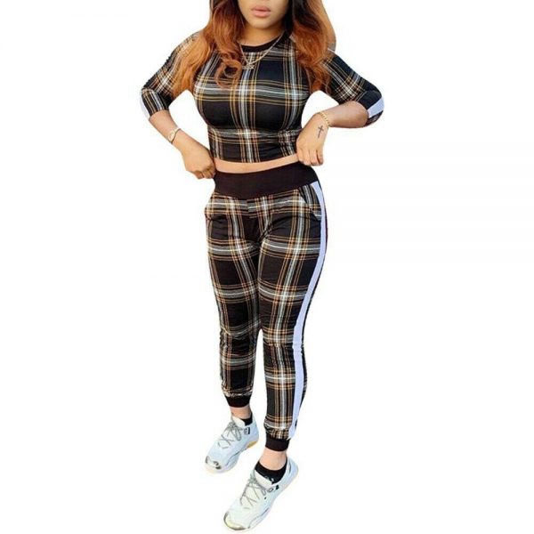 The Best 2pcs set Women Casual Tracksuit Jogging Gym Sports Hoodies Sweatshirt Plaid Cropped Tops+Pants Trousers Suit Online - Takalr