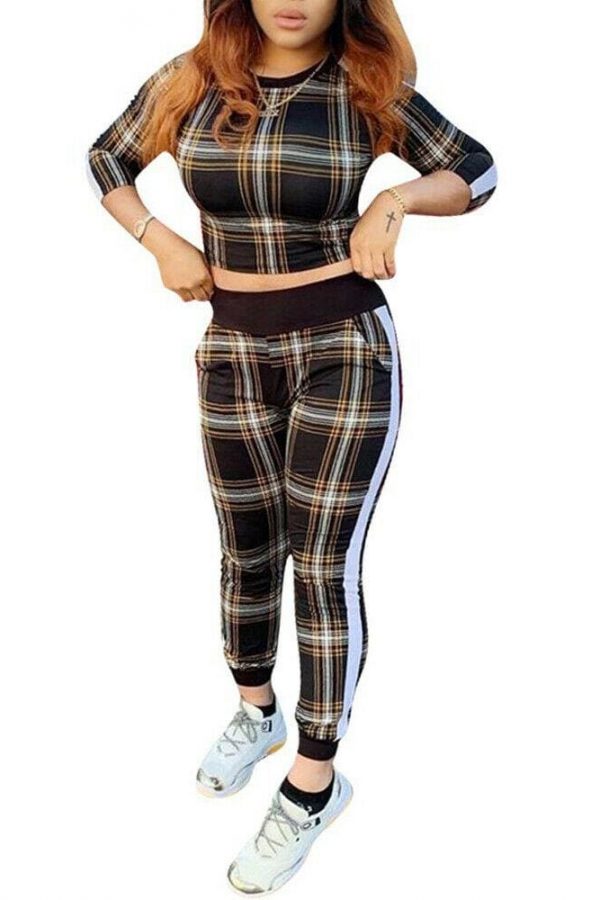 The Best 2pcs set Women Casual Tracksuit Jogging Gym Sports Hoodies Sweatshirt Plaid Cropped Tops+Pants Trousers Suit Online - Takalr