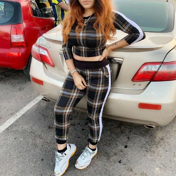 The Best 2pcs set Women Casual Tracksuit Jogging Gym Sports Hoodies Sweatshirt Plaid Cropped Tops+Pants Trousers Suit Online - Takalr