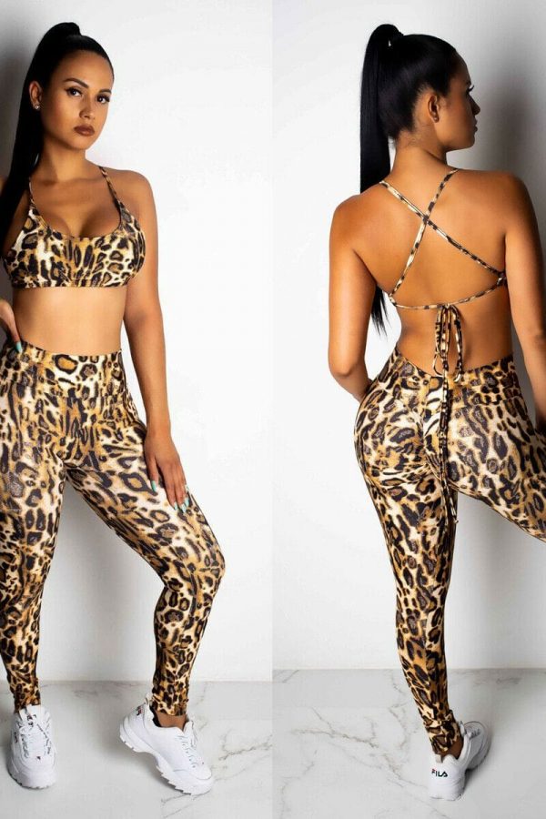 The Best 2PCS Women Sexy Leopard Sport Suit Backless Vest Bra Tops + Stretchy Legging Pants Leopard Tracksuit Hot Online - Takalr