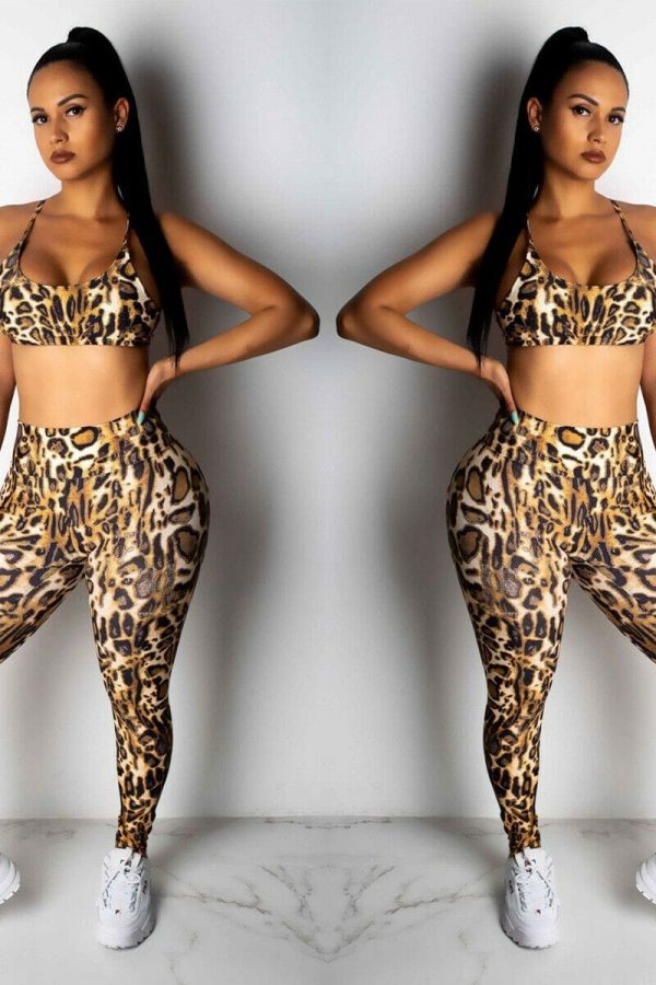 The Best 2PCS Women Sexy Leopard Sport Suit Backless Vest Bra Tops + Stretchy Legging Pants Leopard Tracksuit Hot Online - Takalr