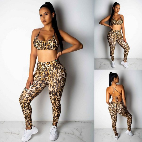 The Best 2PCS Women Sexy Leopard Sport Suit Backless Vest Bra Tops + Stretchy Legging Pants Leopard Tracksuit Hot Online - Takalr