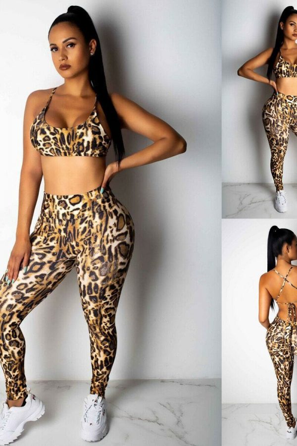 The Best 2PCS Women Sexy Leopard Sport Suit Backless Vest Bra Tops + Stretchy Legging Pants Leopard Tracksuit Hot Online - Takalr