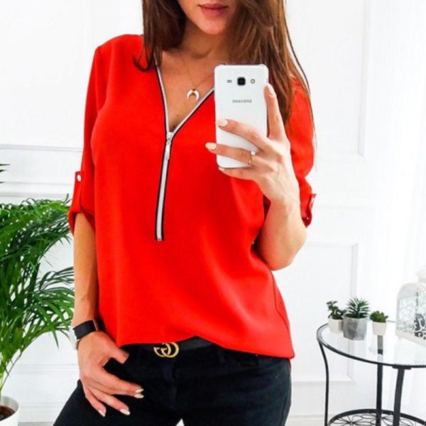 3/4 Sleeve sexy v neck blouse shirts for women Summer fashion blouses Elegant office lades top shirts Casual solid blusas - Takalr