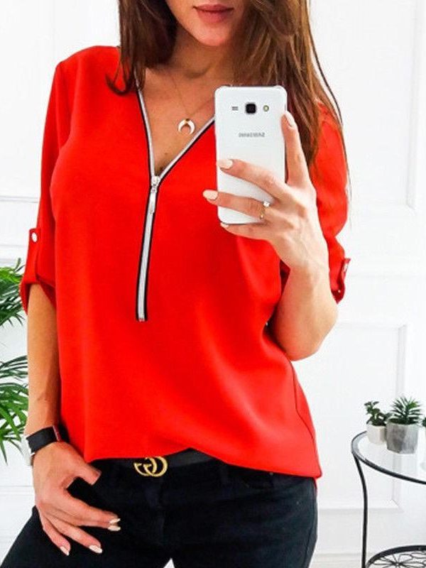 3/4 Sleeve sexy v neck blouse shirts for women Summer fashion blouses Elegant office lades top shirts Casual solid blusas - Takalr