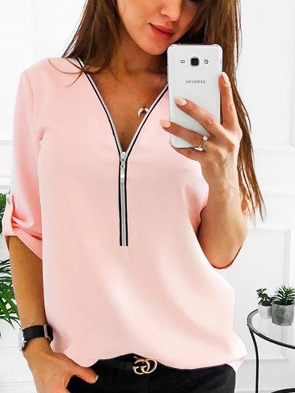 3/4 Sleeve sexy v neck blouse shirts for women Summer fashion blouses Elegant office lades top shirts Casual solid blusas - Takalr