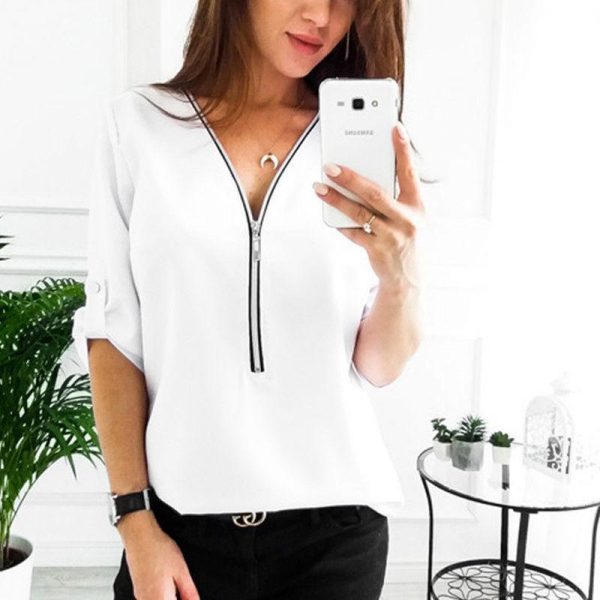 3/4 Sleeve sexy v neck blouse shirts for women Summer fashion blouses Elegant office lades top shirts Casual solid blusas - Takalr