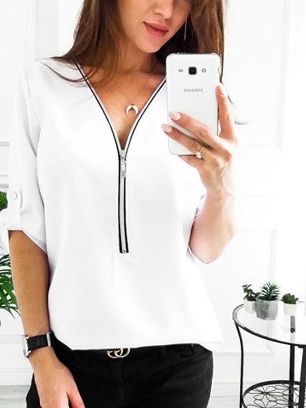 3/4 Sleeve sexy v neck blouse shirts for women Summer fashion blouses Elegant office lades top shirts Casual solid blusas - Takalr