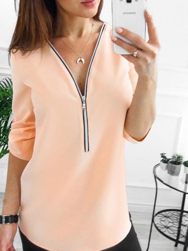 3/4 Sleeve sexy v neck blouse shirts for women Summer fashion blouses Elegant office lades top shirts Casual solid blusas - Takalr