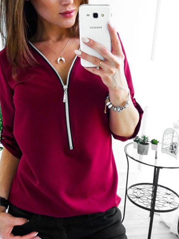 3/4 Sleeve sexy v neck blouse shirts for women Summer fashion blouses Elegant office lades top shirts Casual solid blusas - Takalr