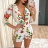 3/4 sleeve wrap rompers womens jumpsuit Summer 2019 sexy v neck club playsuit Floral print jumpsuit shorts Casual overalls femme - Takalr