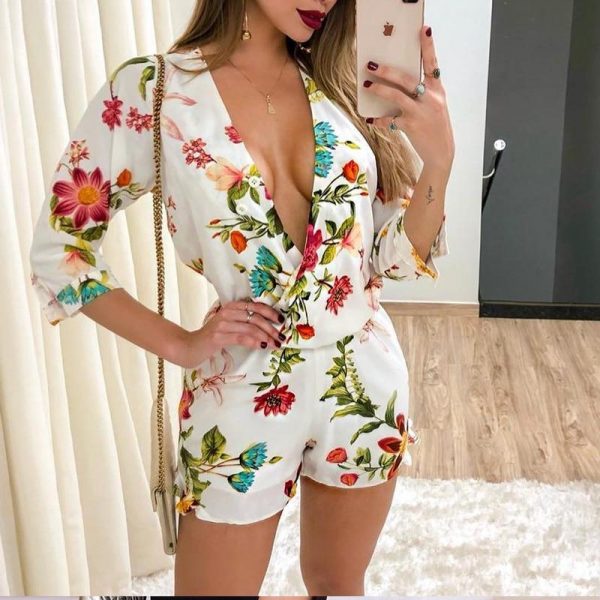 3/4 sleeve wrap rompers womens jumpsuit Summer 2019 sexy v neck club playsuit Floral print jumpsuit shorts Casual overalls femme - Takalr