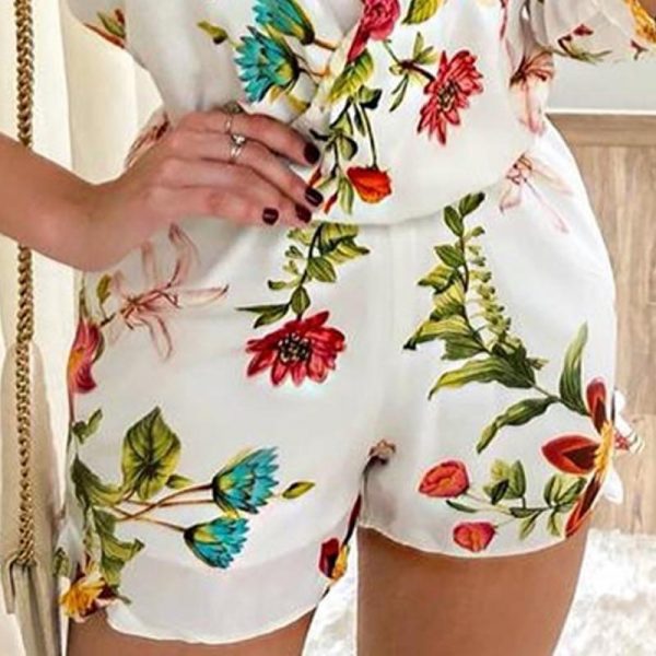 3/4 sleeve wrap rompers womens jumpsuit Summer 2019 sexy v neck club playsuit Floral print jumpsuit shorts Casual overalls femme - Takalr