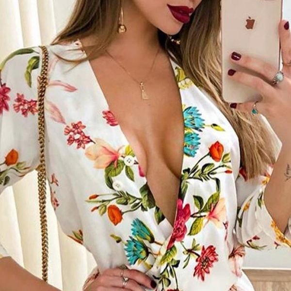 3/4 sleeve wrap rompers womens jumpsuit Summer 2019 sexy v neck club playsuit Floral print jumpsuit shorts Casual overalls femme - Takalr