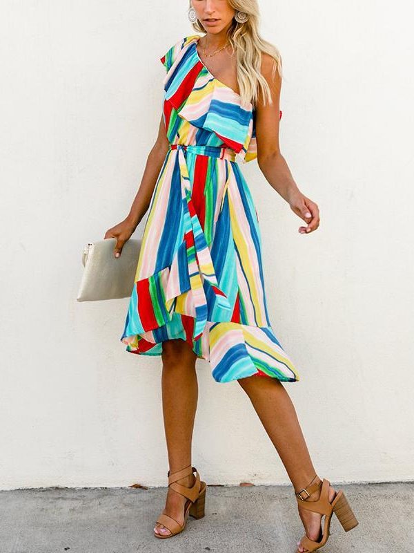 3XL Off the shoulder women dress Fashion striped printed summer dress Tie waist ruffle wrap dresses Rainbow party vestidos - Takalr