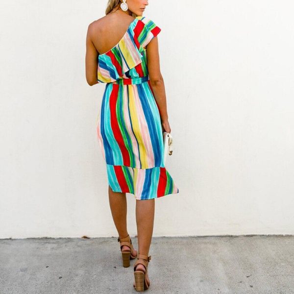 3XL Off the shoulder women dress Fashion striped printed summer dress Tie waist ruffle wrap dresses Rainbow party vestidos - Takalr