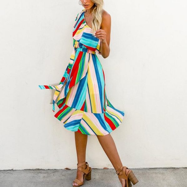 3XL Off the shoulder women dress Fashion striped printed summer dress Tie waist ruffle wrap dresses Rainbow party vestidos - Takalr