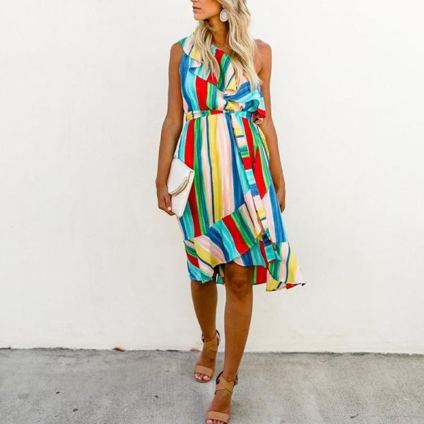 3XL Off the shoulder women dress Fashion striped printed summer dress Tie waist ruffle wrap dresses Rainbow party vestidos - Takalr