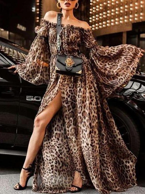 3XL Plus size flared sleeve off shoulder long dress women Fashion leopard dress Autumn elegant party dress maxi vestido - Takalr