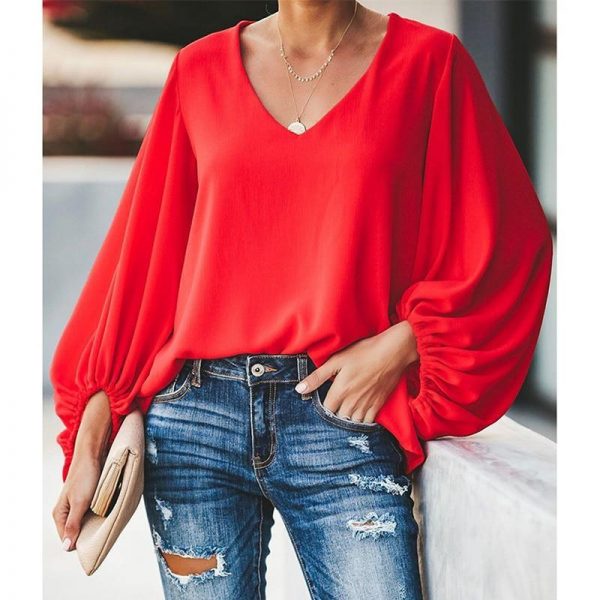 3XL plus size blouse women puff sleeve solid color womens tops and blouses Summer  v neck casual loose top blusas mujer - Takalr