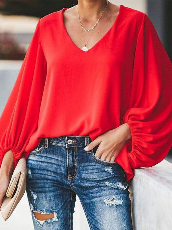 3XL plus size blouse women puff sleeve solid color womens tops and blouses Summer  v neck casual loose top blusas mujer - Takalr