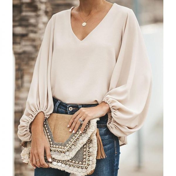 3XL plus size blouse women puff sleeve solid color womens tops and blouses Summer  v neck casual loose top blusas mujer - Takalr